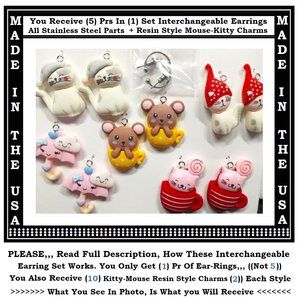 5/$20 Kitty Cat Mouse Interchangeable Charm Earrings-5 Pairs in Set